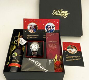 Special anniversary surprise gift for husband filled with perfume, watch, grape juice