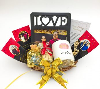Beautiful Anniversary hampers for couples with a Frame , Cashew Nut and blissful greetings