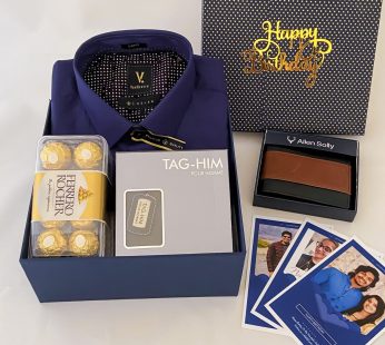 Luxury brthday gift for male friend in india with Shirt, perfume and a sweet greetings.