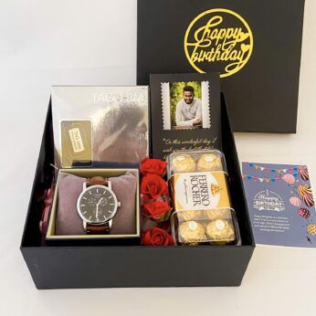 Unique Birthday Gift items for husband birthday with Perfume, Watch and a sweet greetings.