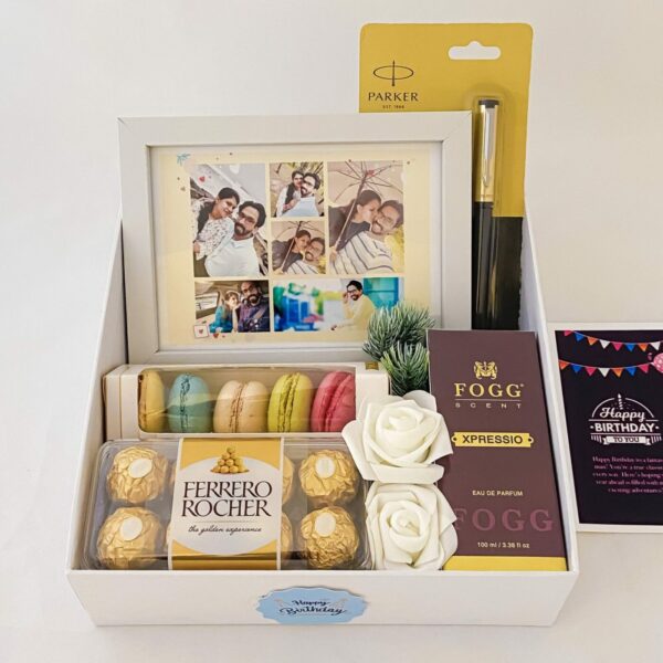 Elegant Birthday gift hamper with lovely frame ,macrons and a sweet greetings. - Image 2
