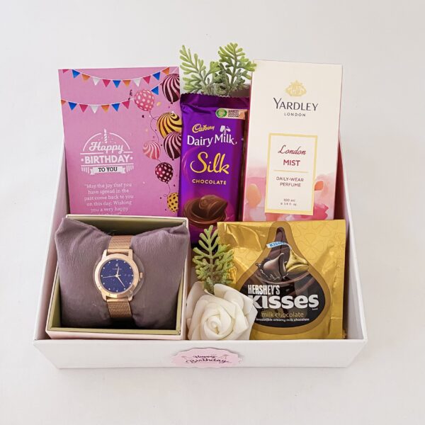 Special Birthday gift hamper with Stylish watch, perfume and a sweet greetings. - Image 3