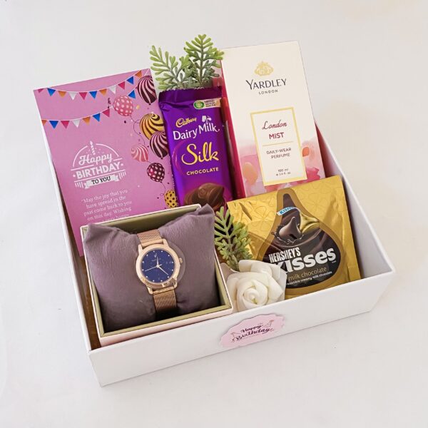 Special Birthday gift hamper with Stylish watch, perfume and a sweet greetings. - Image 4