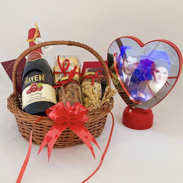 Beautiful 20th anniversary gift for friends with chocolate, wine, and greetings. - Image 4
