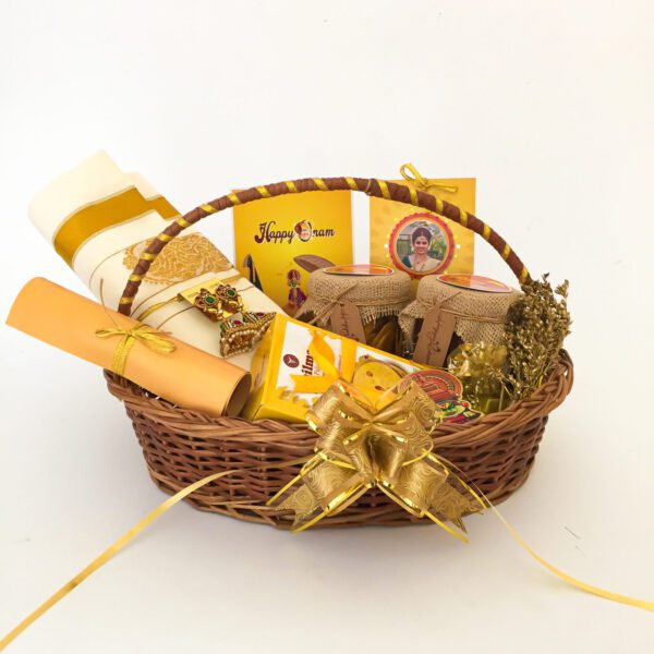 Perfect Onam Gift basket for her with Kerala saree and earrings - Image 2