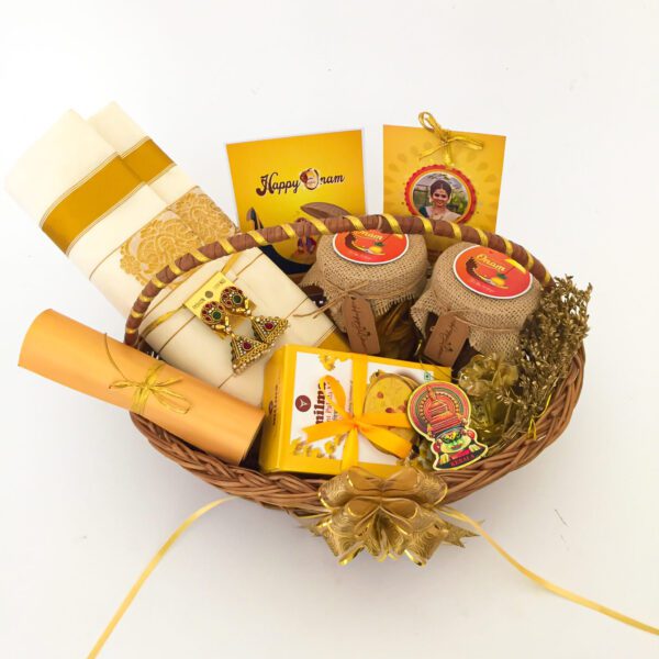 Perfect Onam Gift basket for her with Kerala saree and earrings - Image 3