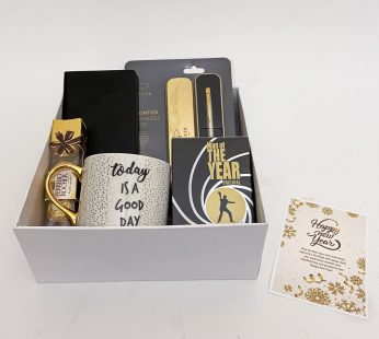 Delightful new year gift hamper with a perfume , Parker pen and adorable greeting cards
