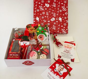 Special holiday gift box with cookies, Santa shaped chocolates and more