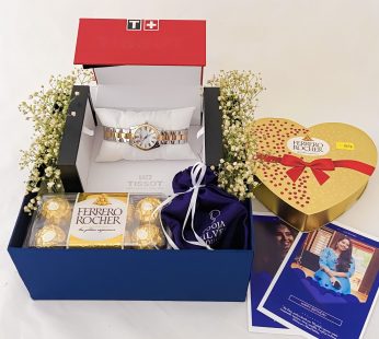 Luxurious gift hamper for her with Tissot ladies watch, Silver ornaments and a sweet greetings