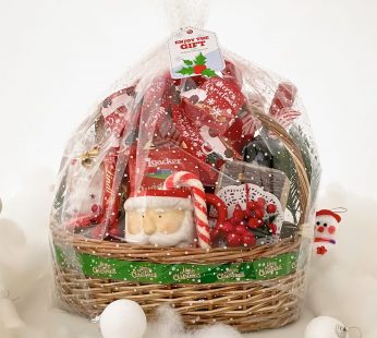 Luxury New year gifts Basket includes Chistmas Cake, Wine, Santa Mug And Chocolates