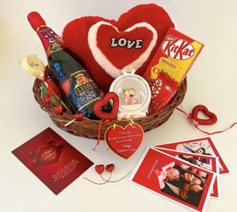 Dreamy Valentine’s Day Gift Basket with Couple Love Dome, Premium Chocolates, Velvety Wine, and More