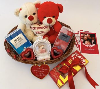 Romantic valentine’s day gift hampers with elegant Teddy, Perfume, Couple dome, And Cards