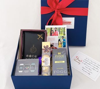 Luxury Anniversary gift hamper with passport cover, smart watch, Chocolates And Cards