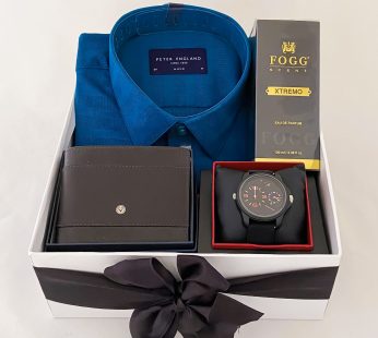 Best happy men’s day gift and wishes for husband with Peter England shirt, Perfume, Watch, Wallet And Cards