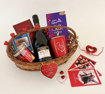 Charming valentine’s day gift hamper With  Wine, Perfume and Cards