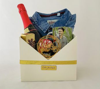 Delightful Birthday gift hamper with Roadster denim shirt, Customised mug, Chocolates And Cards