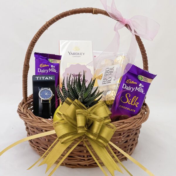 Grandeur birthday surprise box with Titan watch, Yardley London perfume 100ml, Chocolates, Plant With Pots And Cards - Image 4