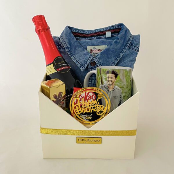 Delightful Birthday gift hamper with Roadster denim shirt, Customised mug, Chocolates And Cards - Image 2