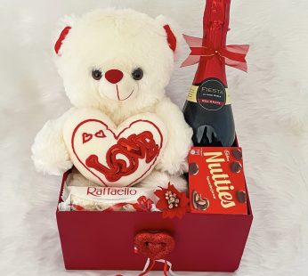 Best valentine’s day gift for girlfriend Valentine with Elegant teddy, Wine, Chocolates, Nutties, And Cards