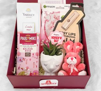 Women’s Day Gift Hamper With Yardley London mist, Paul &mike, Garner face Mask sheet, Sugar lips bam, Plant with pot, Teddy  keychain and Greetings