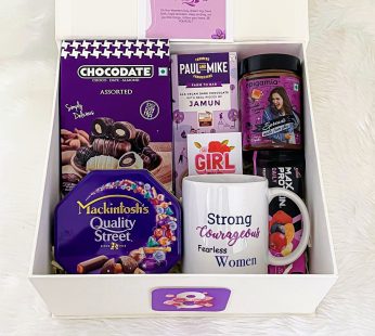 Best gift for womens day with Mackintosh’s chocolates, Customised mug , Chocodate, Max protein fruit & nut bar, Epigamia chocolate caramel spreads, Paul & Mike chocolate, and Greetings