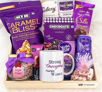 Gift sets for women With Caramel popcorn with nuts |  Aalmond 200g |  Customized coffee mug | Fruit & nut protein bar 10g |  Yoga bar protein bar 60g |  Chocolates | juice And Greetings