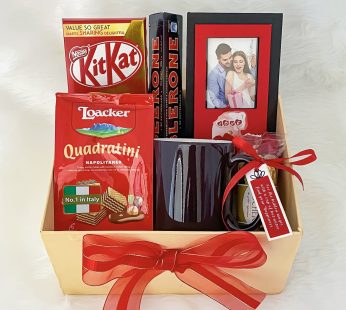 Austere valentine’s day gift to boyfriend with chocolates, coffee mug, and photo frame