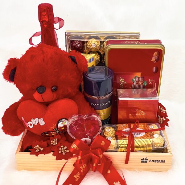 Luxury Anniversary gift hamper with elegant Teddy, Toblerone, Chocolates, David Coffee, perfume, and more. - Image 3