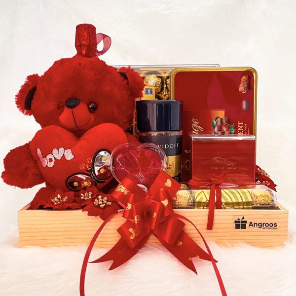 Luxury Anniversary gift hamper with elegant Teddy, Toblerone, Chocolates, David Coffee, perfume, and more. - Image 4