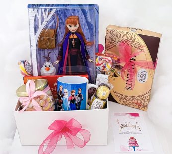 Birthday gift for girls Or kid girl india with Frozen theme doll | candy’s | Mug chocolates | marshmallow bottle | And greeting cards