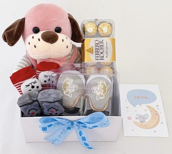 Baby gifts hamper filled with Soft toy | Ferrero Rocher | Baby shoes | Baby socks Greeting card