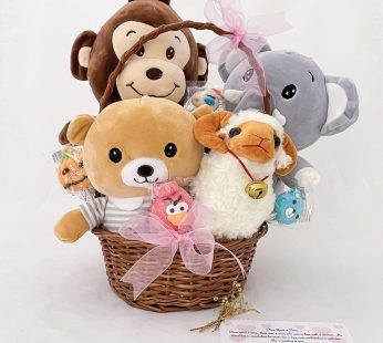 Cute childrens day gift hamper with Animal soft toys And Candy
