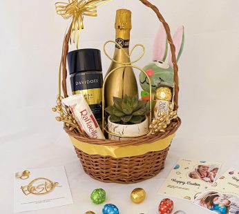 Ideal Easter gift basket brimmed with easter egg chocolates, premium coffee, chocolates, wine and more