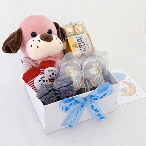 Unique Baby gifts Basket filled with Soft toy | Ferrero Rocher | Baby shoes | Baby socks Greeting card - Image 2
