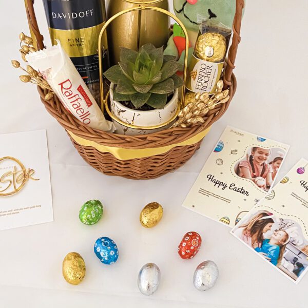 Spring Inspired Easter Gift Basket With Easter Eggs, Wine, Succulent Plant, And More - Image 2