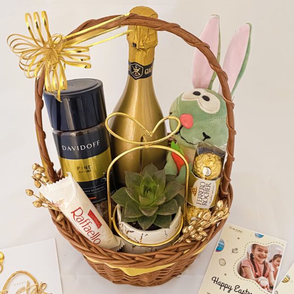 Spring Inspired Easter Gift Basket With Easter Eggs, Wine, Succulent Plant, And More - Image 3