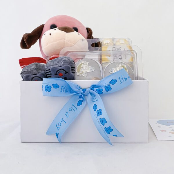 Unique Baby gifts Basket filled with Soft toy | Ferrero Rocher | Baby shoes | Baby socks Greeting card - Image 4