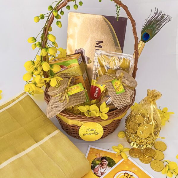 Traditional vishu gift ideas with a Traditional Kerala saree, gold coin, and more. - Image 4