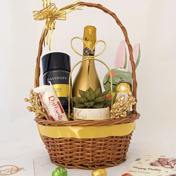 Spring Inspired Easter Gift Basket With Easter Eggs, Wine, Succulent Plant, And More - Image 4