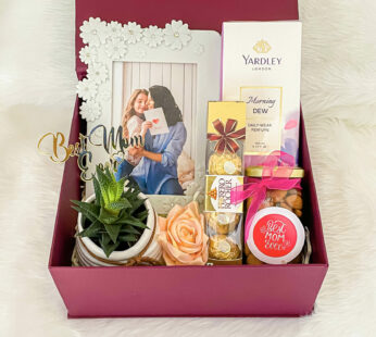 Mothers day sale 2022 | Stunning packaged mothers day gift box, from Angroos with Photo frame, Perfume, Almond bottle, Chocolates And Plant with pot