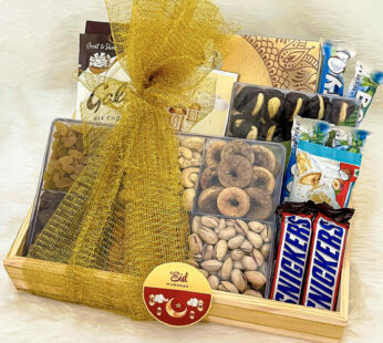 Eid Celebration Gift Box Featuring a Delicious Assortment of Treats Including Snickers-50g, Kinder Bueno 43gm, Cashew Nuts Stuffed Dates 380g And More