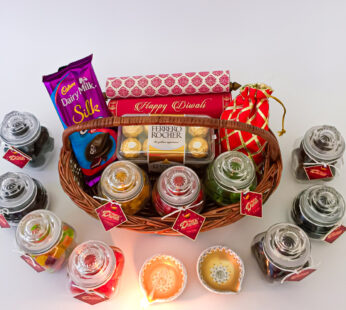 Dry Fruits Mania Diwali Gift Basket With Chocolates, Dry fruits, Dates, And a Traditional Greeting Card