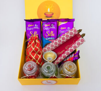 Diwali sweets box With Ferrero collection chocolates, Dry fruits, Craft clay diya And Sweet Greetings