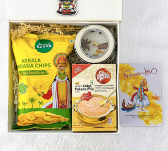 Traditional Onam gift box with banana chips and palada mix