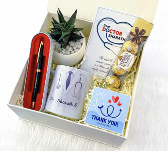 Delight thank you doctor gift hamper includes Personalised mug, Pot, Pen and more.