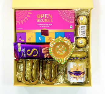 Gold Delight Diwali Gift Hamper With Ceramic Mugs, Assorted Cookies, And Chocolates