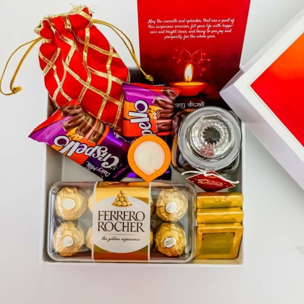 One-Of-A-Kind Colorful Diwali gifts Treats  With Chocolates, Dry Fruits, And Diya - Image 5