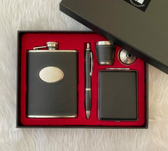A one-of-a-kind hot gift box for him filled with a hip flask set and a pen