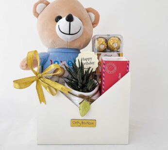 endearing birthday gift for 3 year girl, includes a teddy, chocolate and greeting