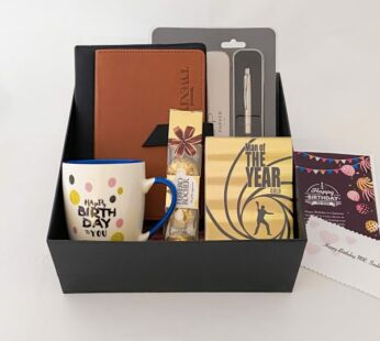 Stylish birthday gift hampers for him in India with a pocket diary, pen, and chocolates